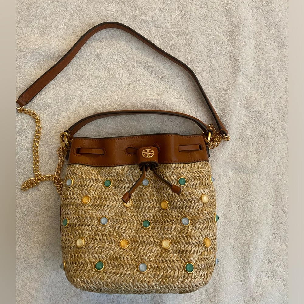 Tory Burch raffia mini jeweled bucket bag